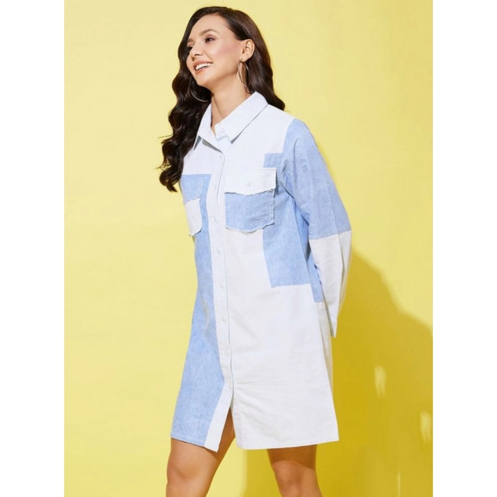 Amfyn Women's Denim Solid Long Sleeves Dress (Blue)