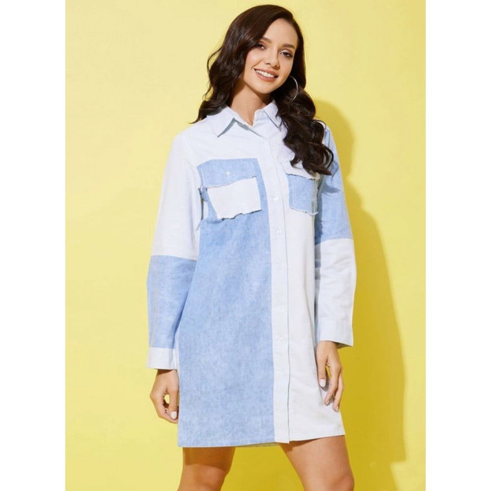 Amfyn Women's Denim Solid Long Sleeves Dress (Blue)