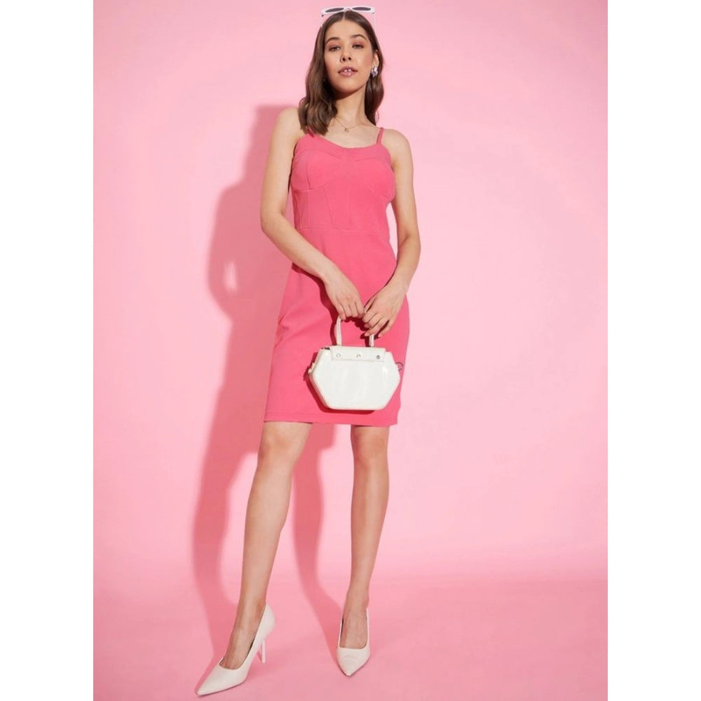 Amfyn Women's Polyester Lycra Solid Shoulder Straps Dress (Pink)
