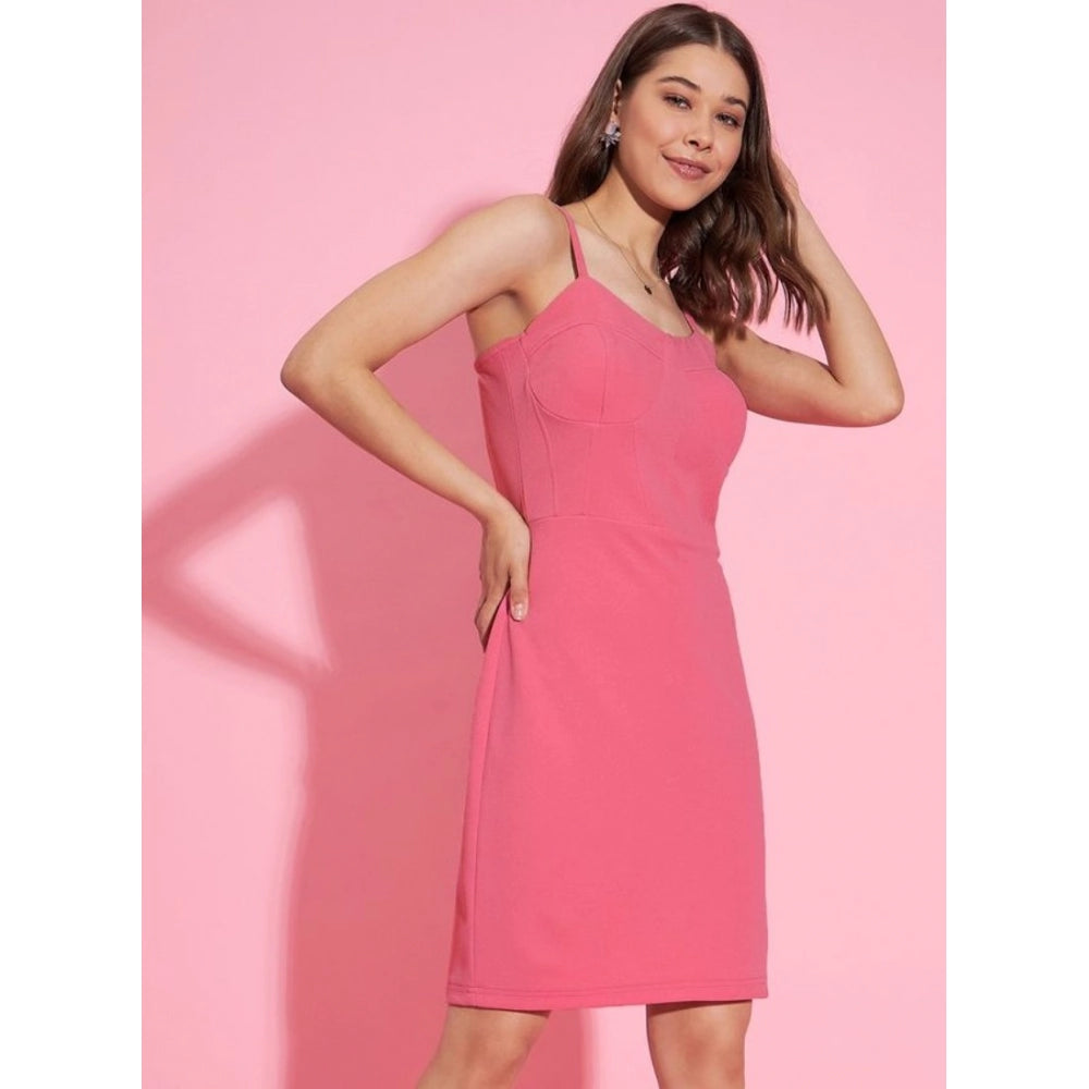 Amfyn Women's Polyester Lycra Solid Shoulder Straps Dress (Pink)