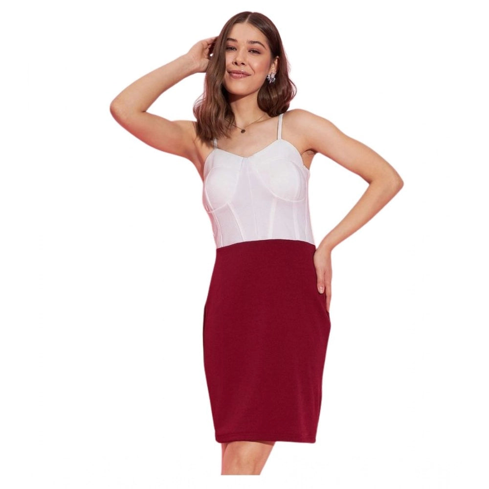 Amfyn Women's Polyester Lycra Color Blocking Shoulder Straps Dress (White - Maroon)
