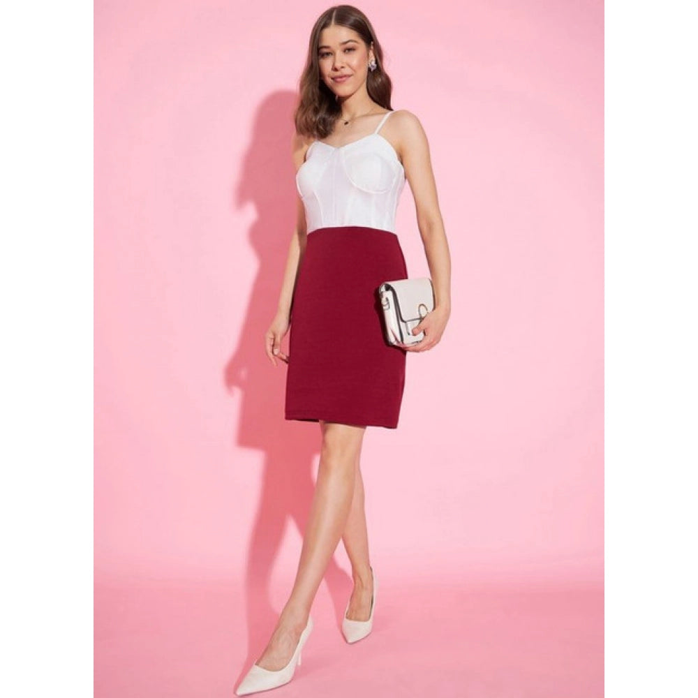 Amfyn Women's Polyester Lycra Color Blocking Shoulder Straps Dress (White - Maroon)