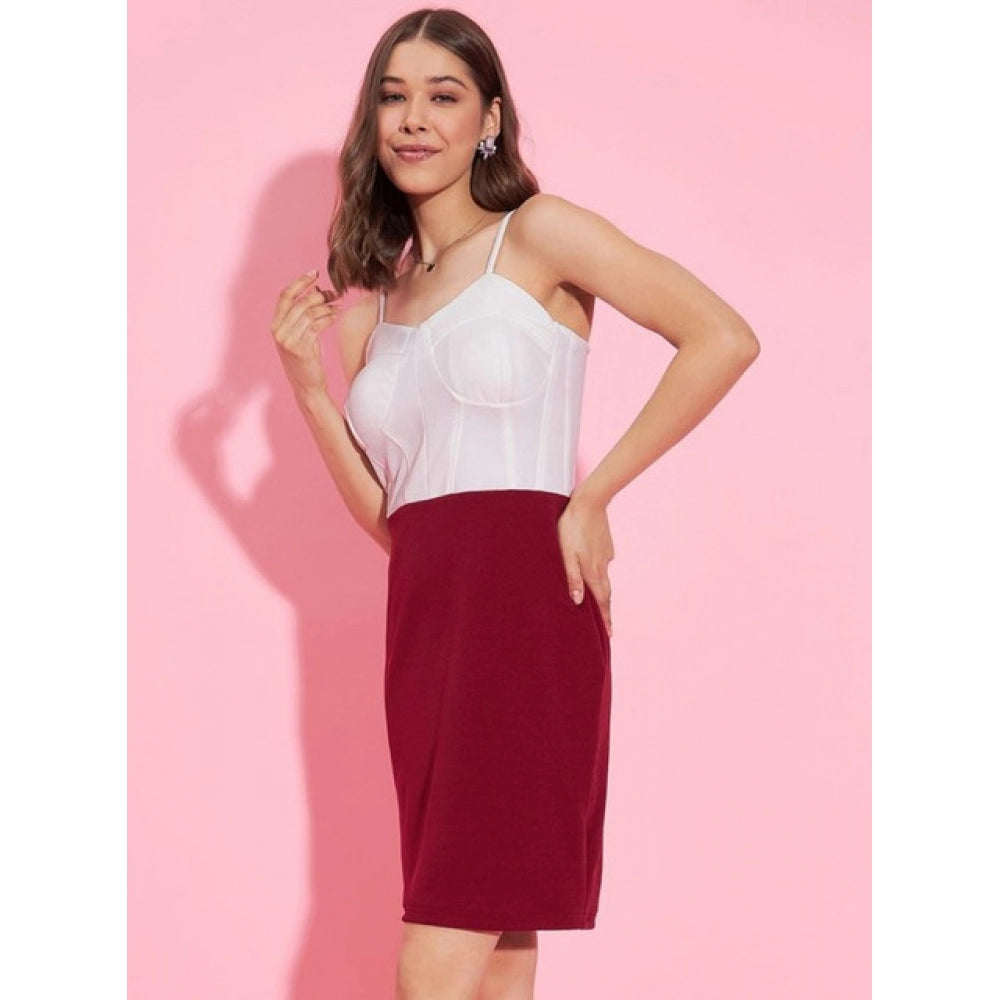 Amfyn Women's Polyester Lycra Color Blocking Shoulder Straps Dress (White - Maroon)