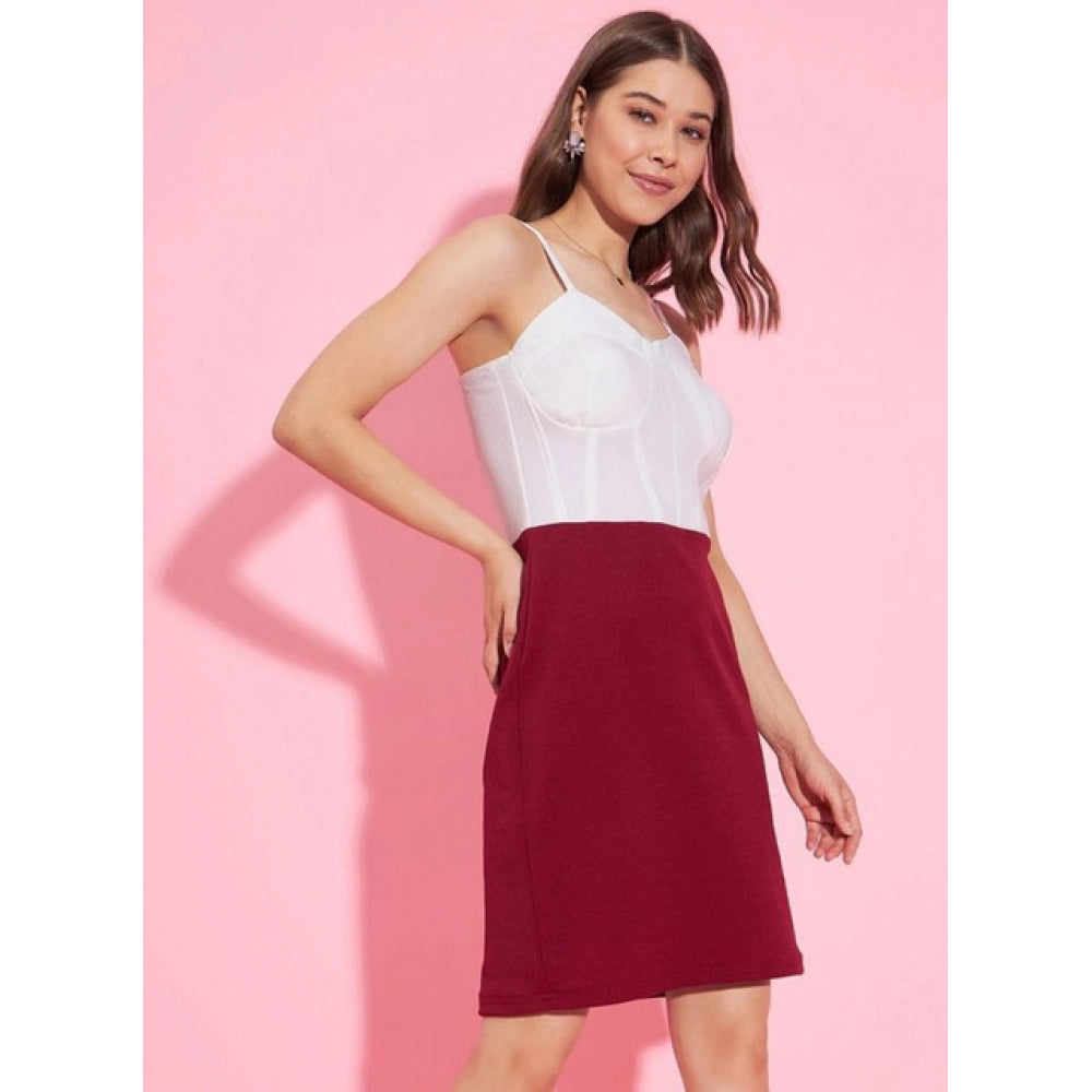 Amfyn Women's Polyester Lycra Color Blocking Shoulder Straps Dress (White - Maroon)