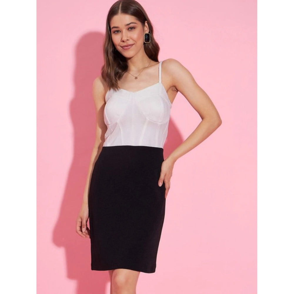 Amfyn Women's Polyester Lycra Color Blocking Shoulder Straps Dress (White - Black)