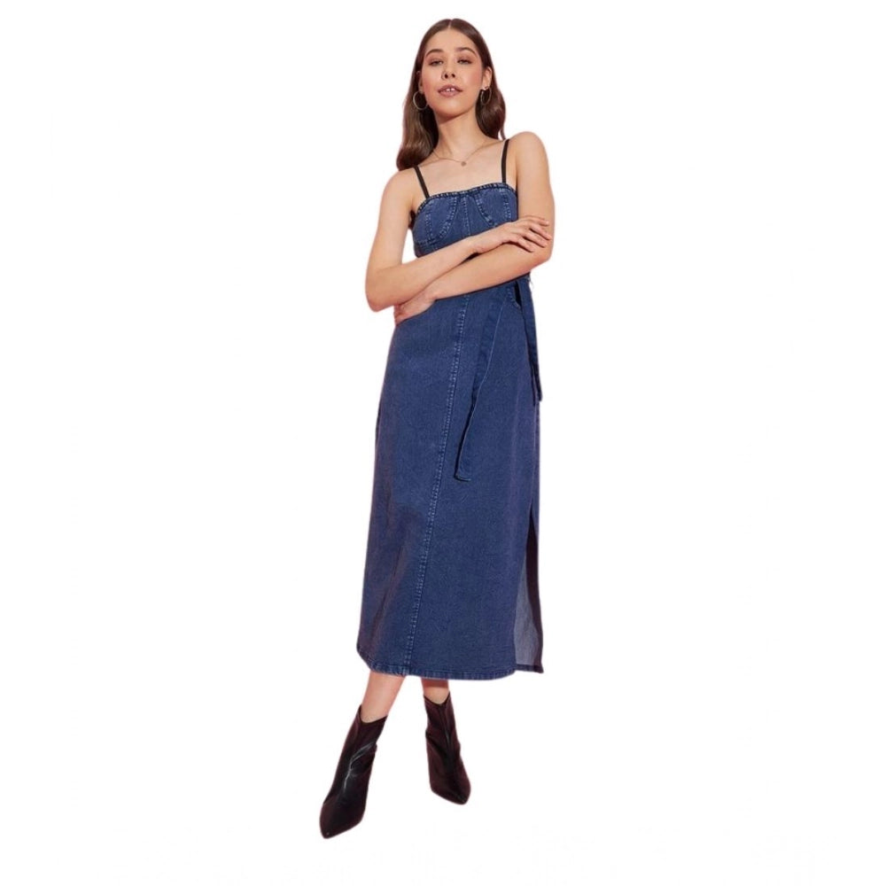 Amfyn Women's Denim Solid Shoulder Straps Dress (Blue)