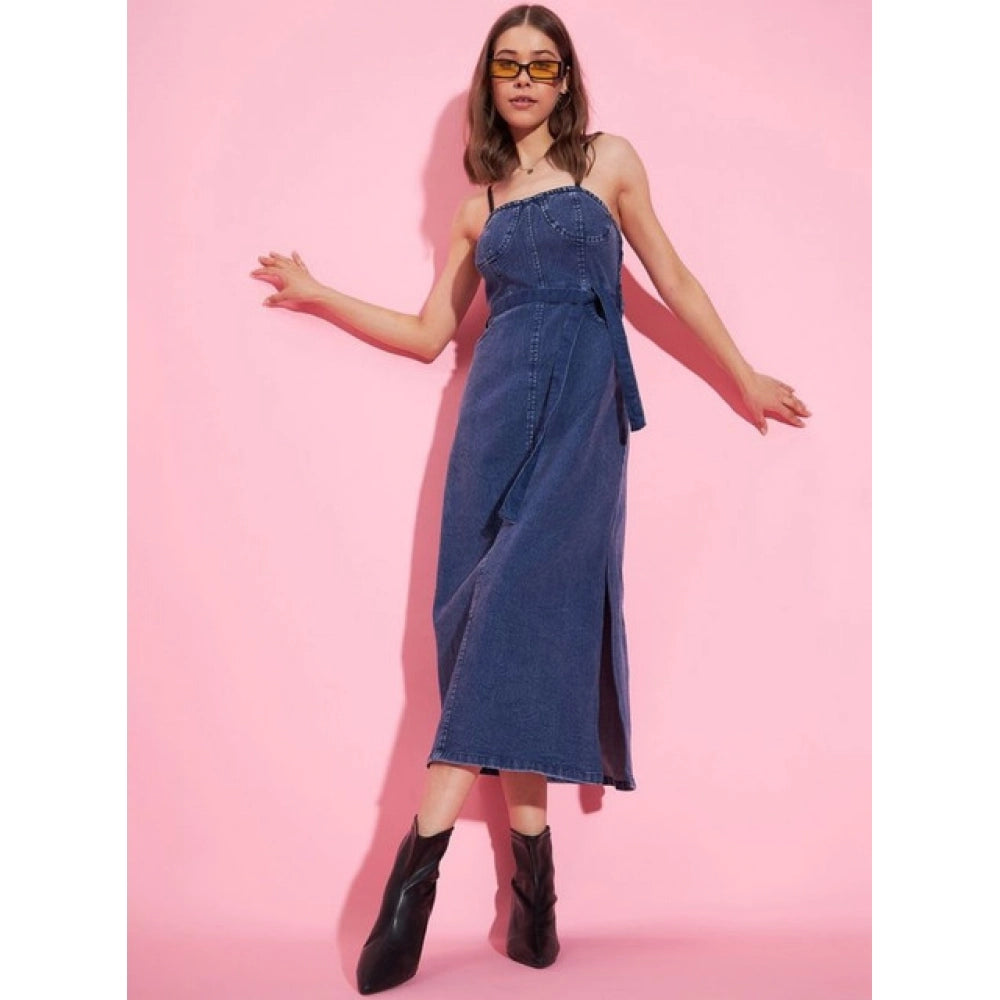Amfyn Women's Denim Solid Shoulder Straps Dress (Blue)