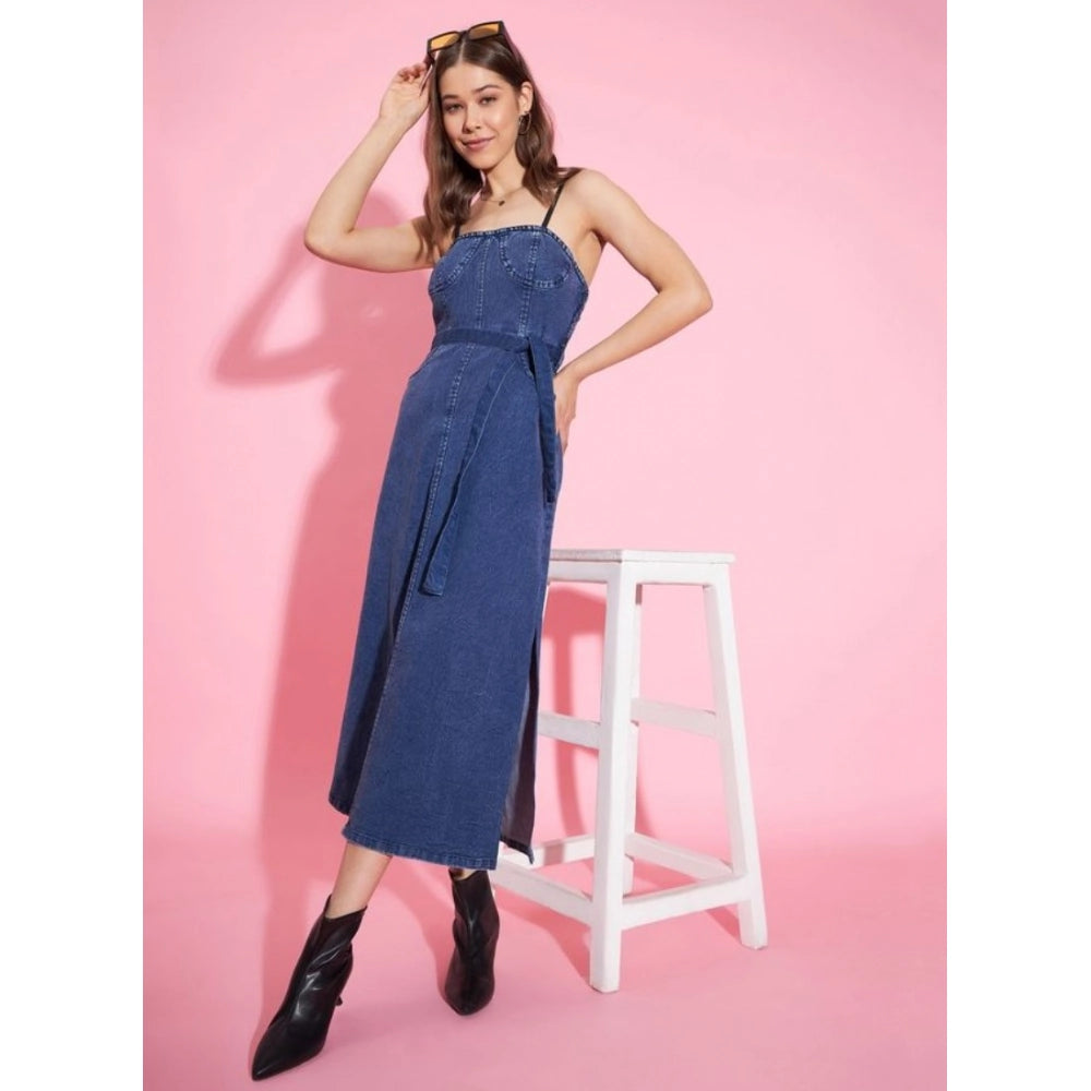 Amfyn Women's Denim Solid Shoulder Straps Dress (Blue)