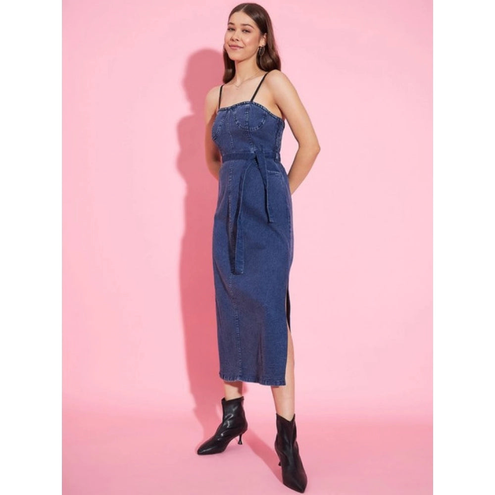 Amfyn Women's Denim Solid Shoulder Straps Dress (Blue)