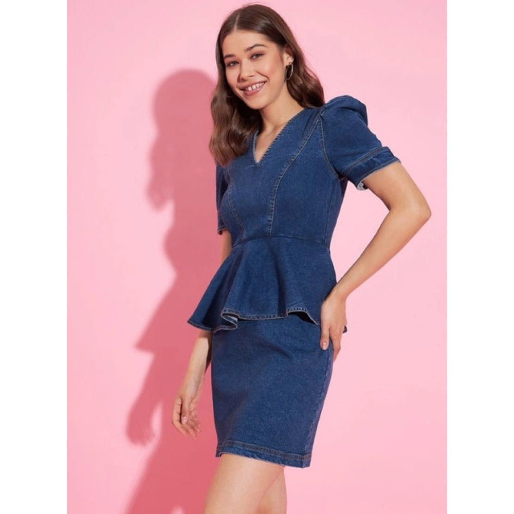 Amfyn Women's Denim Solid Puff Sleeves Dress (Blue)
