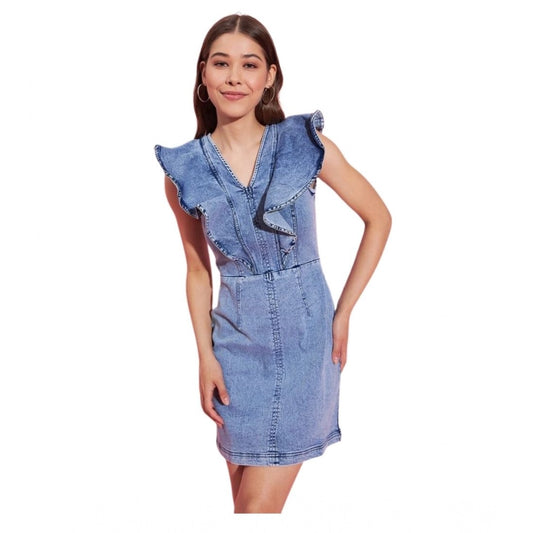 Amfyn Women's Denim Solid Flutter Sleeve Dress (Blue)