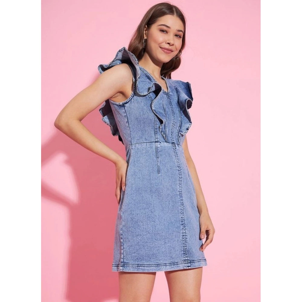 Amfyn Women's Denim Solid Flutter Sleeve Dress (Blue)