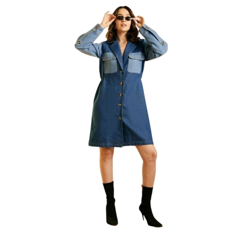 Amfyn Women's Denim Color Blocking Roll Up Dress (Blue)