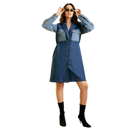Amfyn Women's Denim Color Blocking Roll Up Dress (Blue)