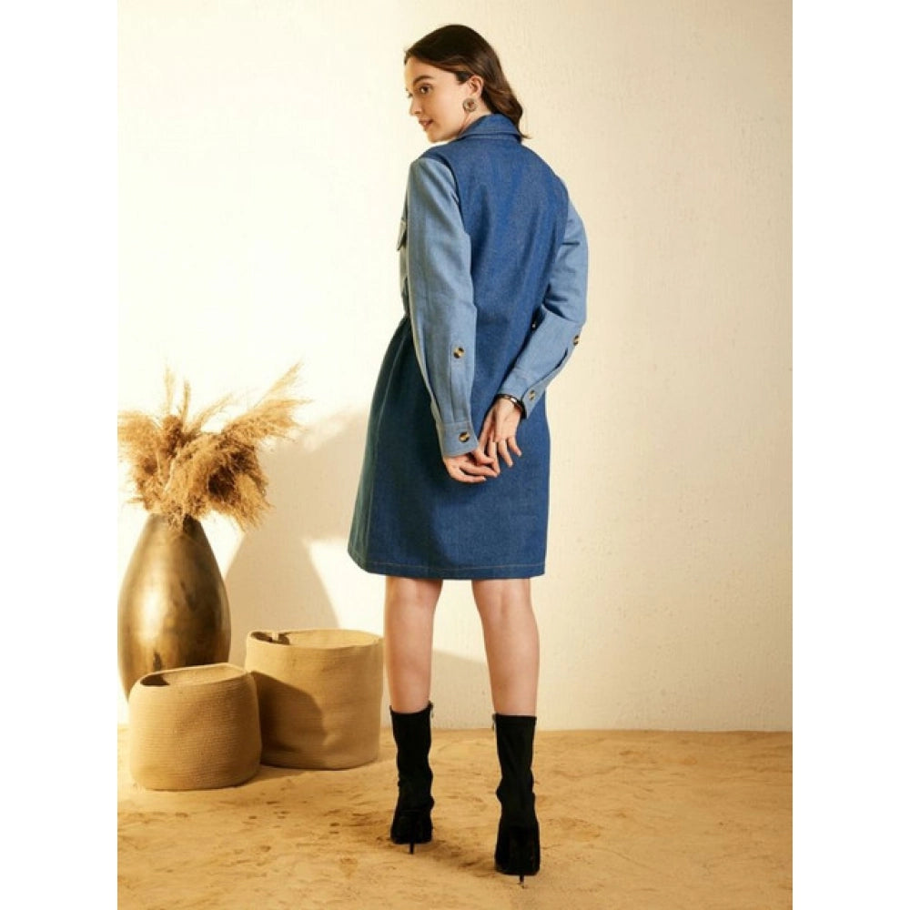 Amfyn Women's Denim Color Blocking Roll Up Dress (Blue)
