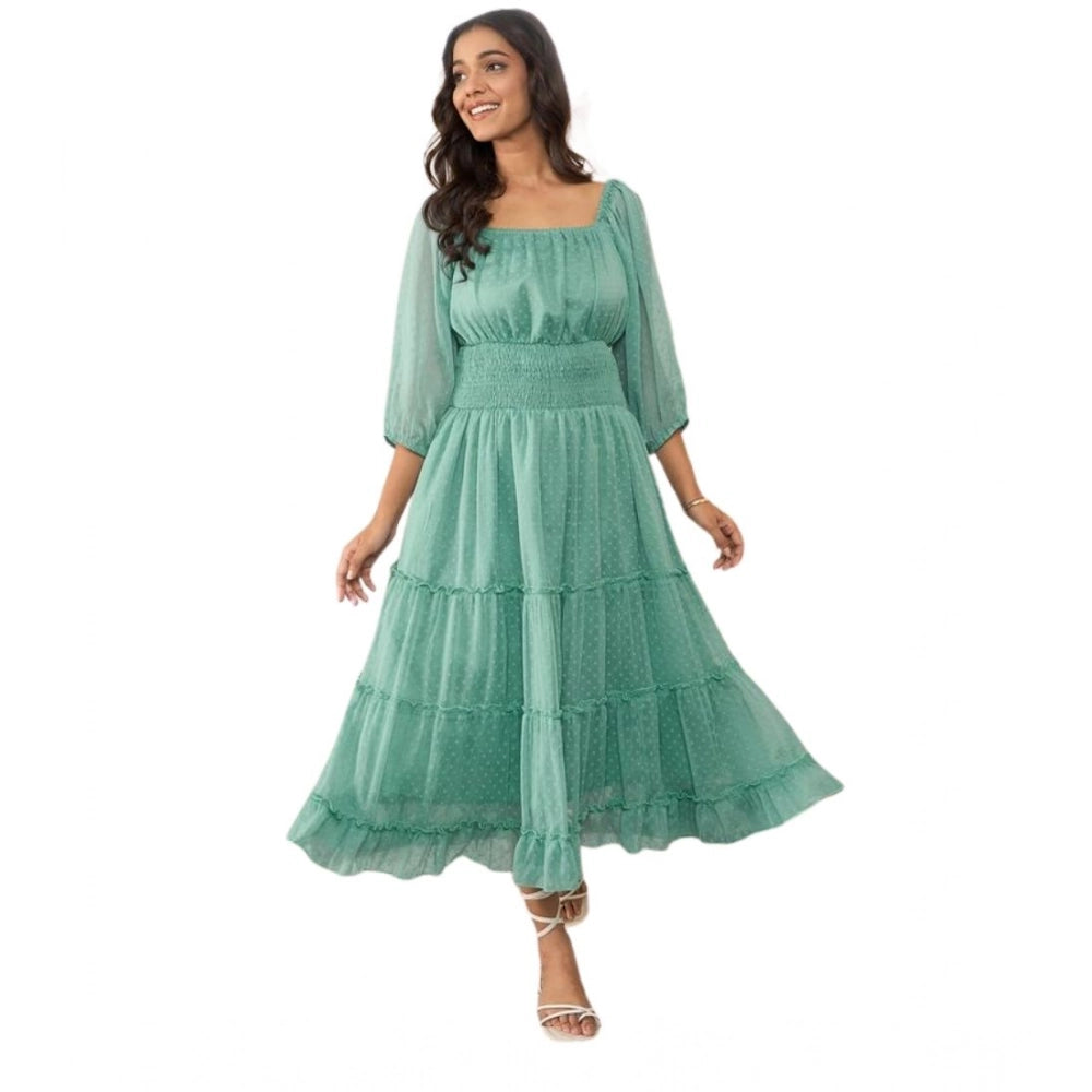 Amfyn Women's Chiffon Solid Puff Sleeve Dress (Green)