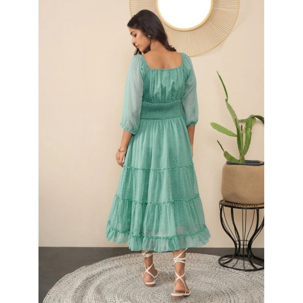 Amfyn Women's Chiffon Solid Puff Sleeve Dress (Green)