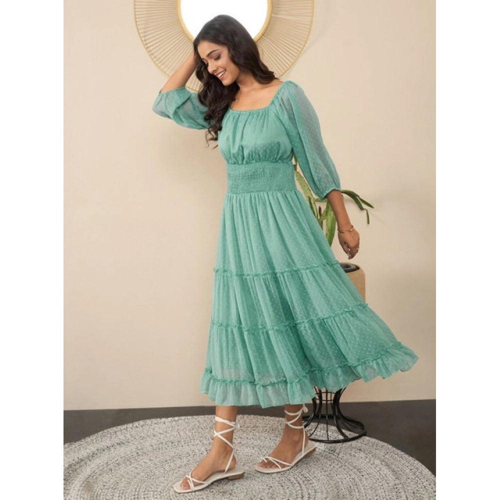 Amfyn Women's Chiffon Solid Puff Sleeve Dress (Green)