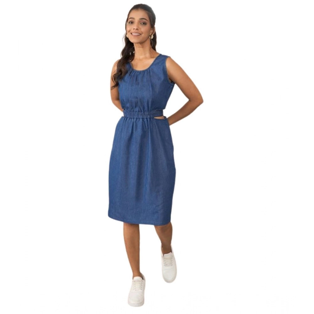 Amfyn Women's Denim Solid Sleeveless Dress (Blue)