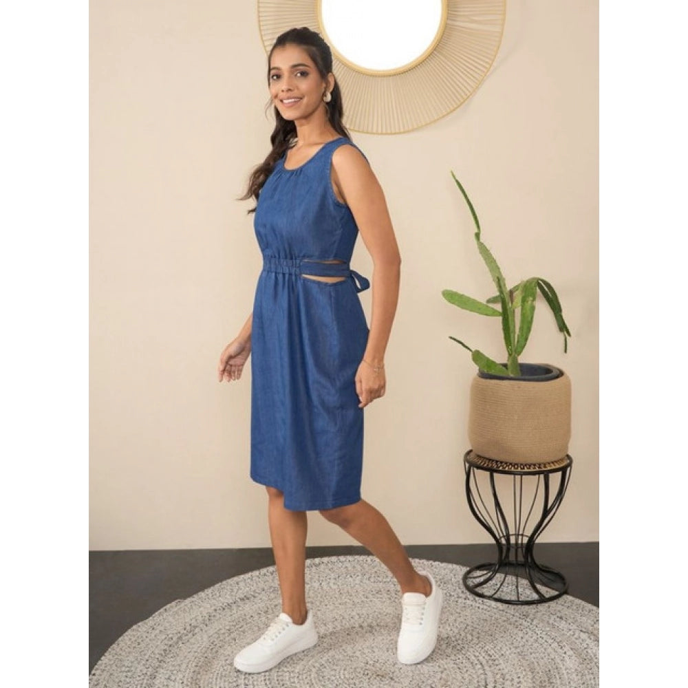 Amfyn Women's Denim Solid Sleeveless Dress (Blue)