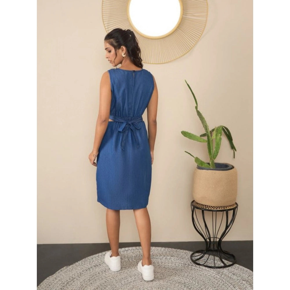 Amfyn Women's Denim Solid Sleeveless Dress (Blue)