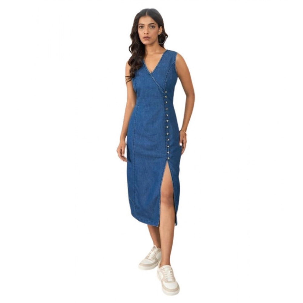 Amfyn Women's Denim Solid Sleeveless Dress (Blue)