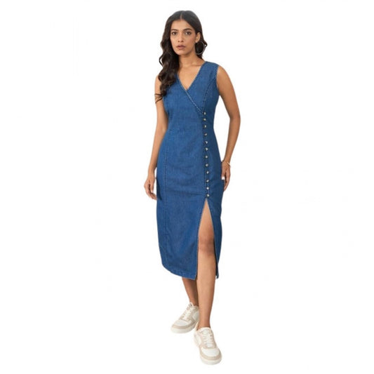 Amfyn Women's Denim Solid Sleeveless Dress (Blue)