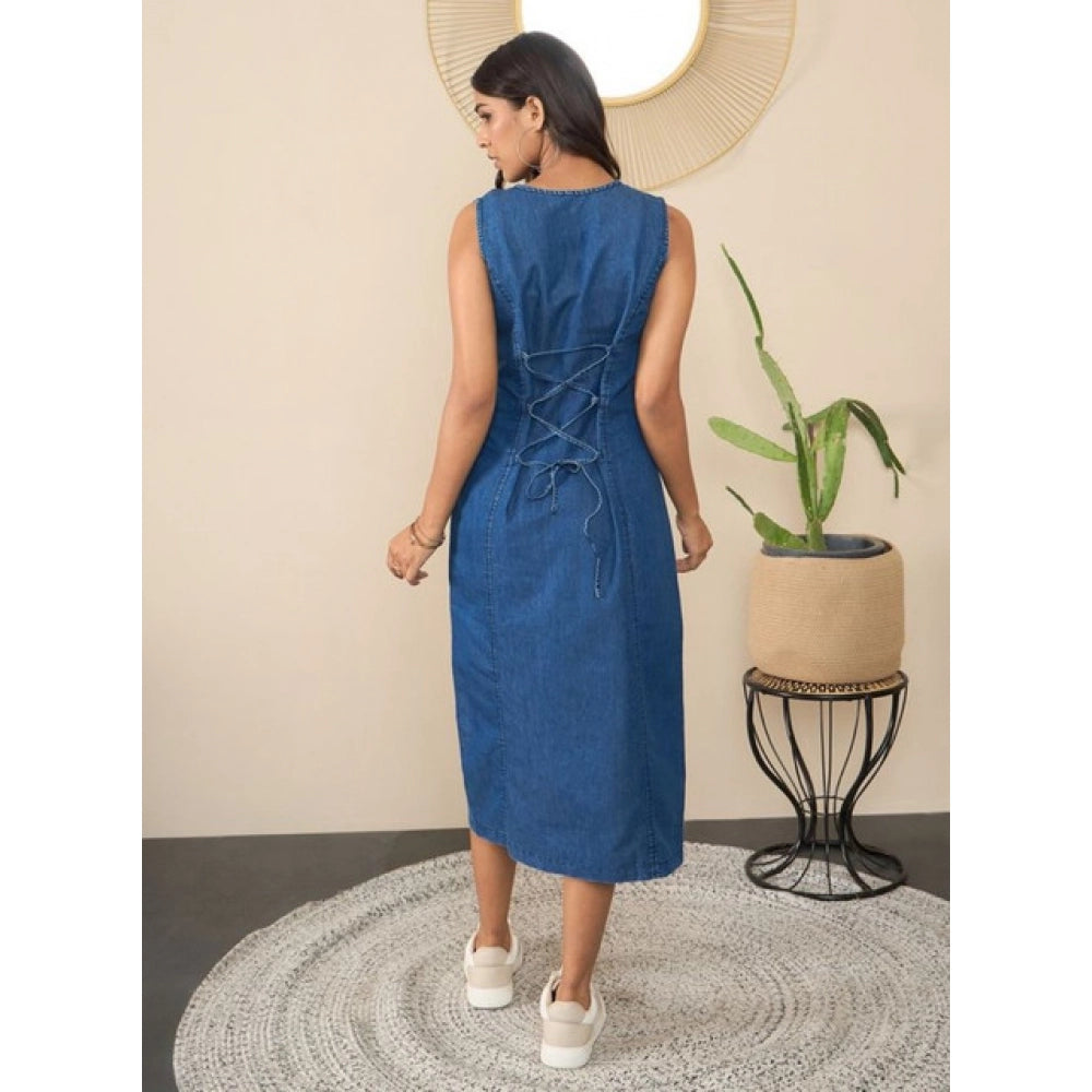Amfyn Women's Denim Solid Sleeveless Dress (Blue)