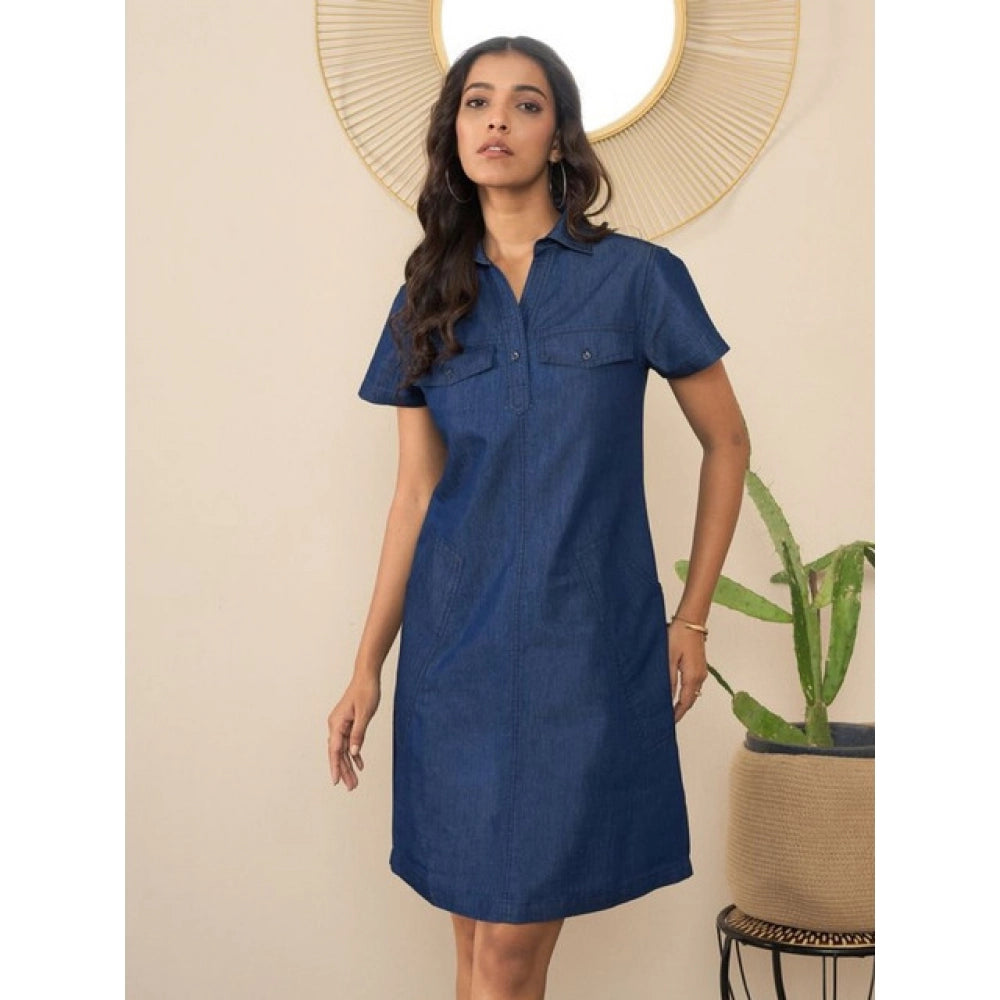 Amfyn Women's Denim Solid Sleeveless Dress (Blue)