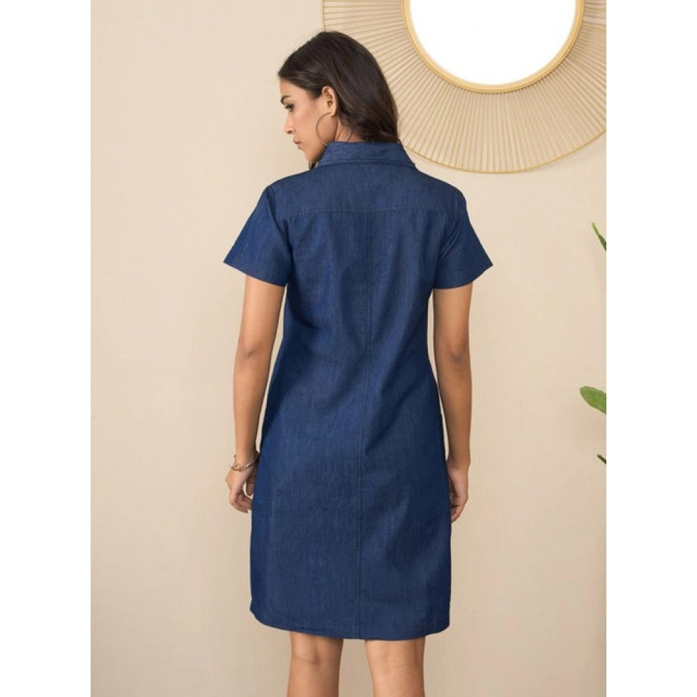 Amfyn Women's Denim Solid Sleeveless Dress (Blue)