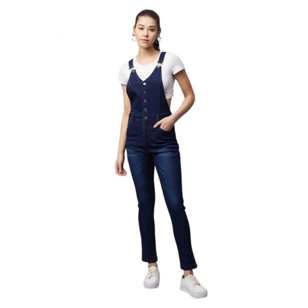 Amfyn Women's Denim Lycra Solid Buttoned Dungaree (Navy)