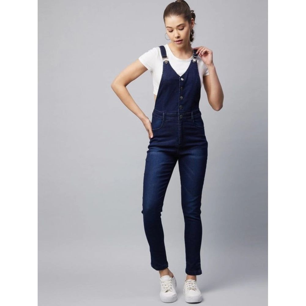Amfyn Women's Denim Lycra Solid Buttoned Dungaree (Navy)