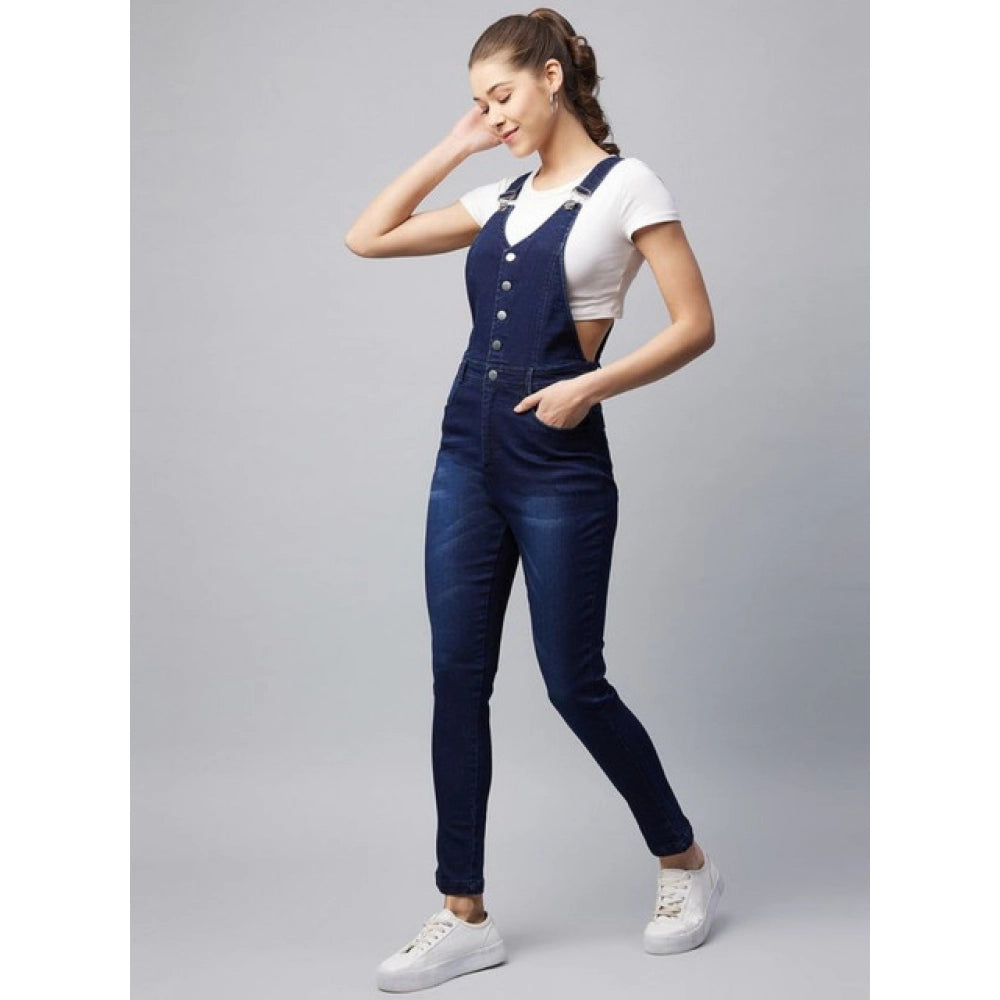 Amfyn Women's Denim Lycra Solid Buttoned Dungaree (Navy)
