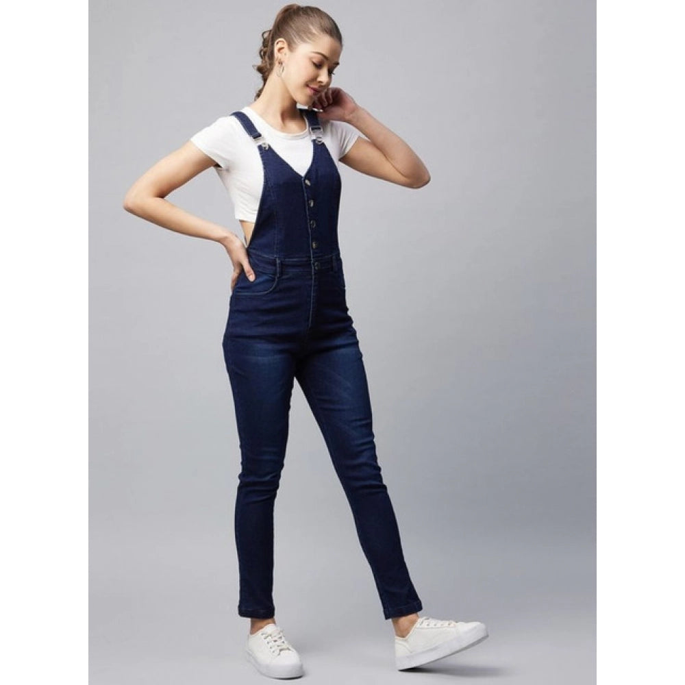 Amfyn Women's Denim Lycra Solid Buttoned Dungaree (Navy)