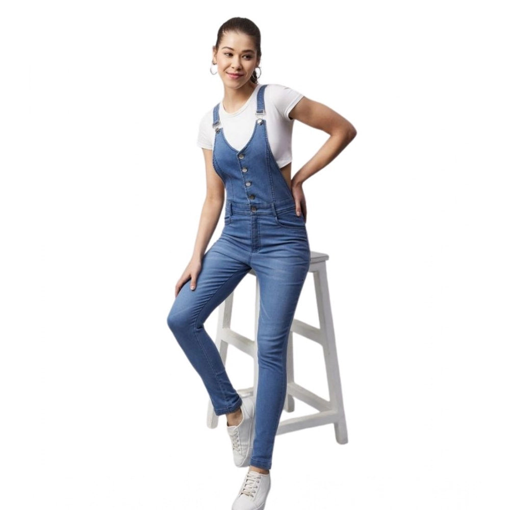 Amfyn Women's Denim Lycra Solid Buttoned Dungaree (Ice Blue)