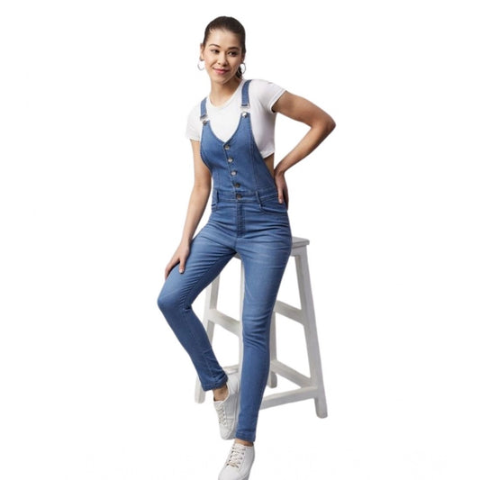 Amfyn Women's Denim Lycra Solid Buttoned Dungaree (Ice Blue)