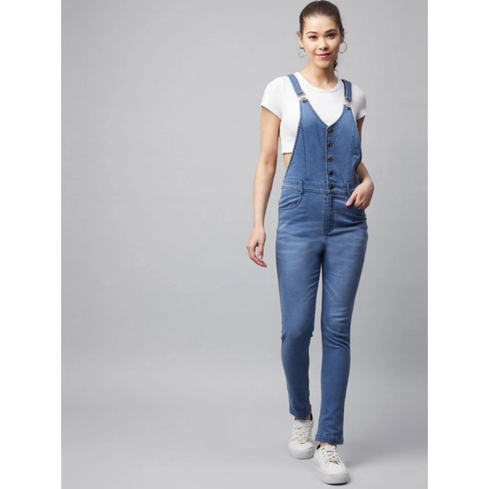 Amfyn Women's Denim Lycra Solid Buttoned Dungaree (Ice Blue)