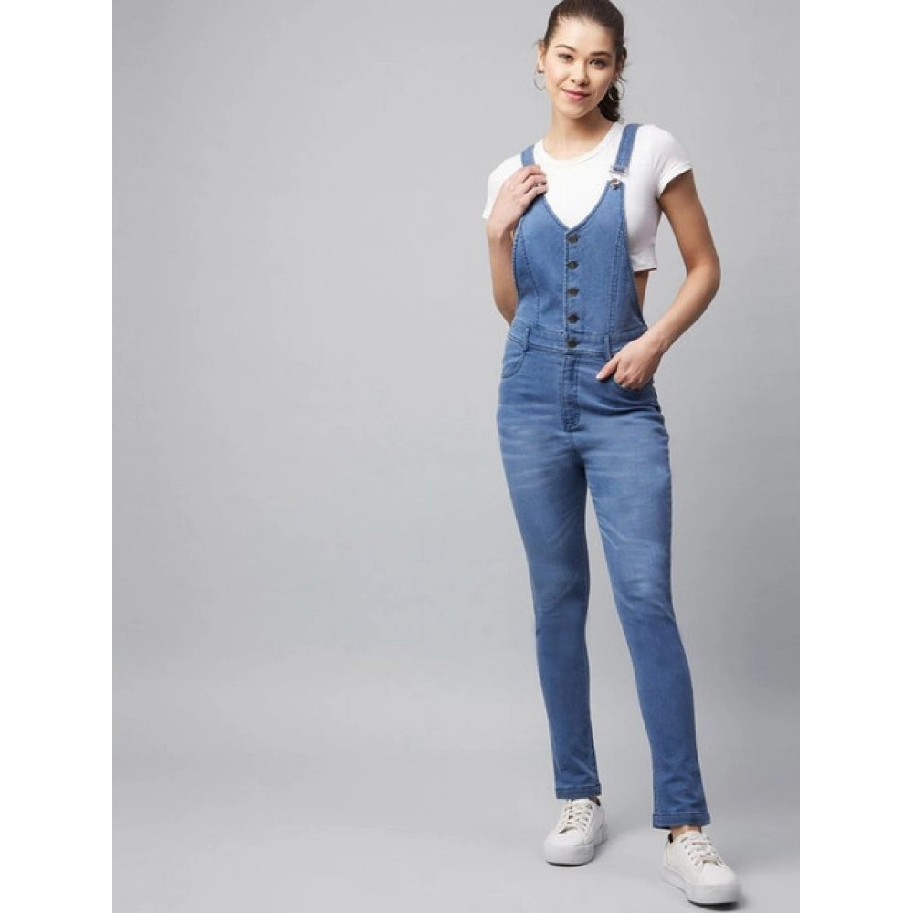 Amfyn Women's Denim Lycra Solid Buttoned Dungaree (Ice Blue)