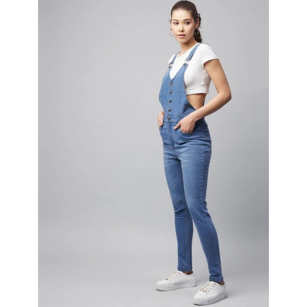 Amfyn Women's Denim Lycra Solid Buttoned Dungaree (Ice Blue)