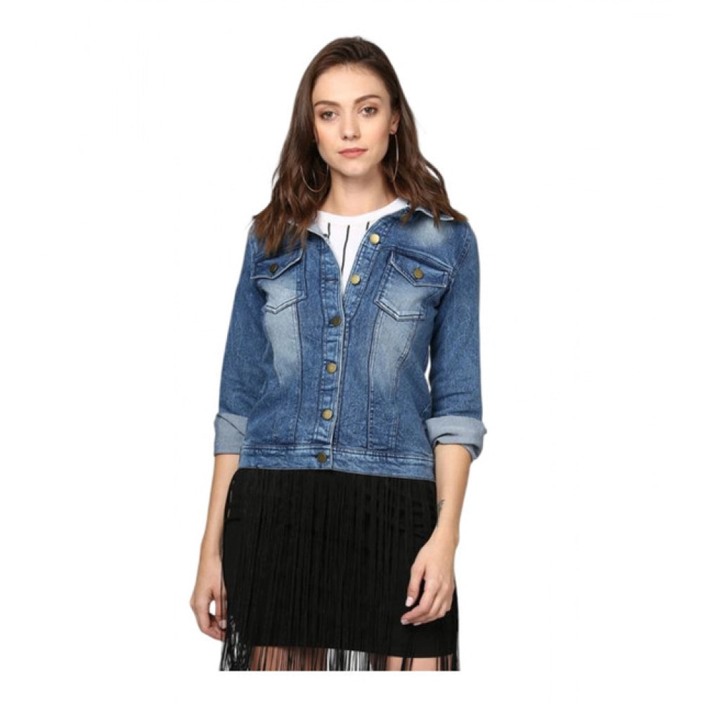 Amfyn Women's Denim Washed Long Sleeves Jacket (Blue)