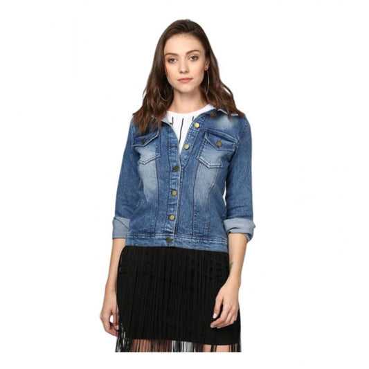 Amfyn Women's Denim Washed Long Sleeves Jacket (Blue)