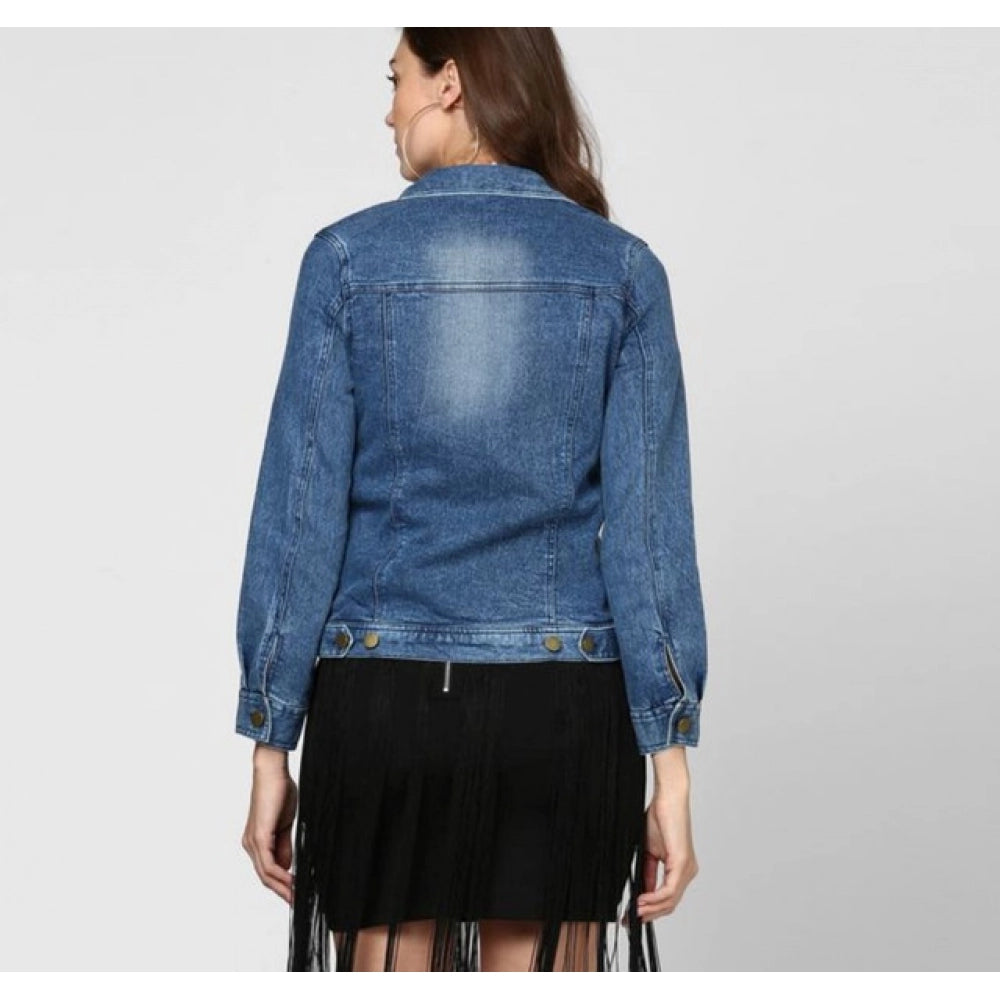 Amfyn Women's Denim Washed Long Sleeves Jacket (Blue)