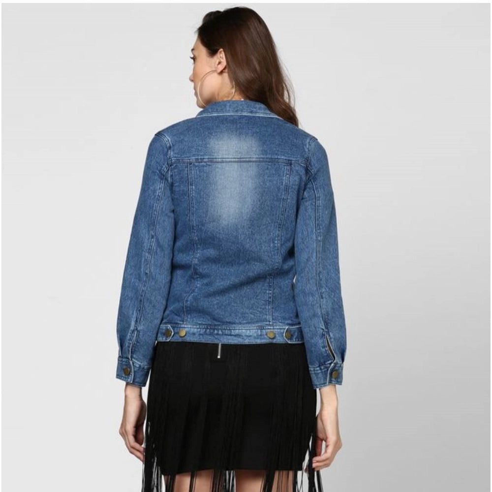 Amfyn Women's Denim Washed Long Sleeves Jacket (Blue)