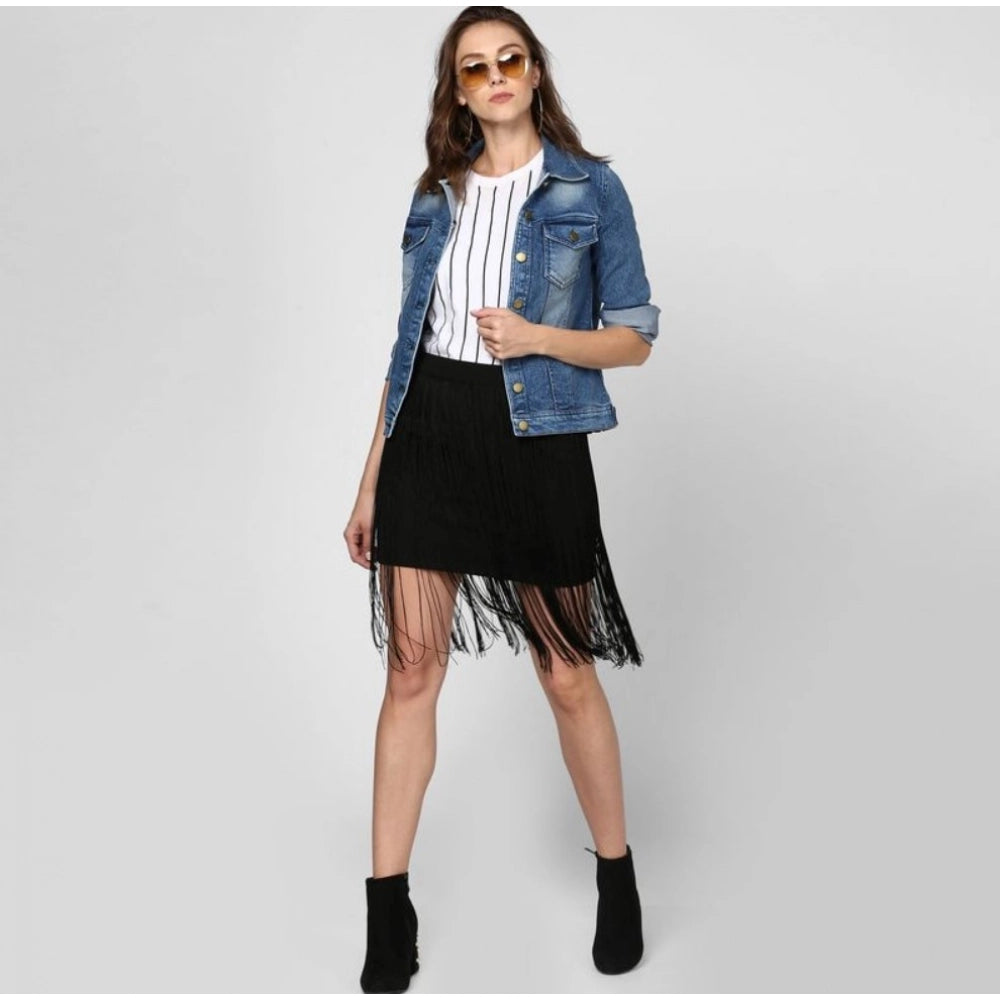 Amfyn Women's Denim Washed Long Sleeves Jacket (Blue)