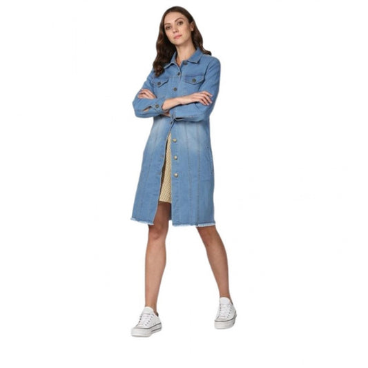 Amfyn Women's Denim Washed Long Sleeves Jacket (Blue)