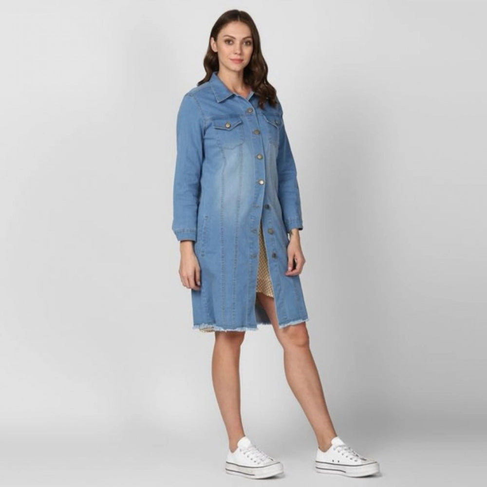 Amfyn Women's Denim Washed Long Sleeves Jacket (Blue)