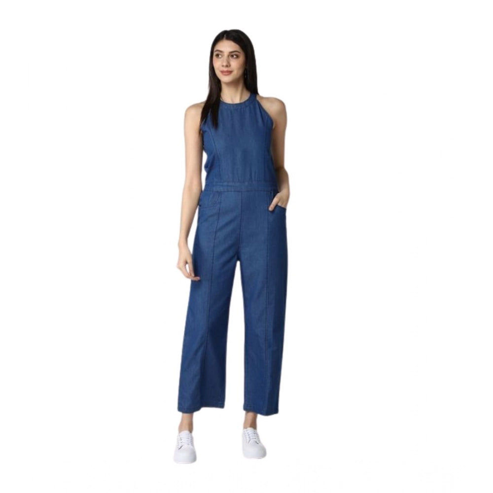Amfyn Women's Denim Solid Sleeveless Jumpsuit (Blue)