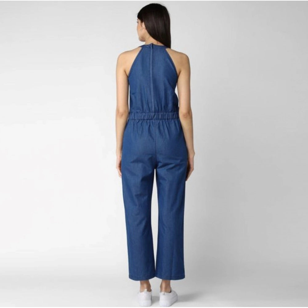 Amfyn Women's Denim Solid Sleeveless Jumpsuit (Blue)