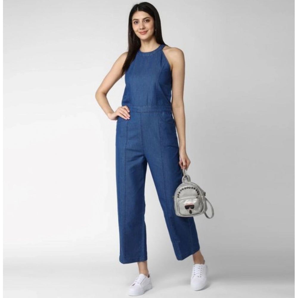 Amfyn Women's Denim Solid Sleeveless Jumpsuit (Blue)