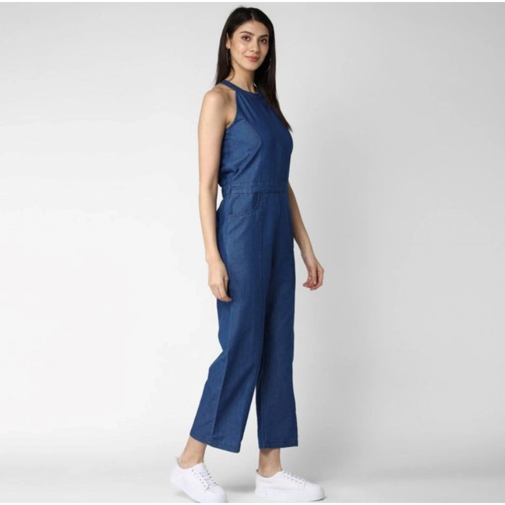 Amfyn Women's Denim Solid Sleeveless Jumpsuit (Blue)